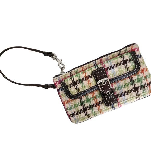 VTG Coach Tattersall Houndstooth Tweed Wool Wristlet Multicolor Leather Trim Bag - Picture 3 of 6